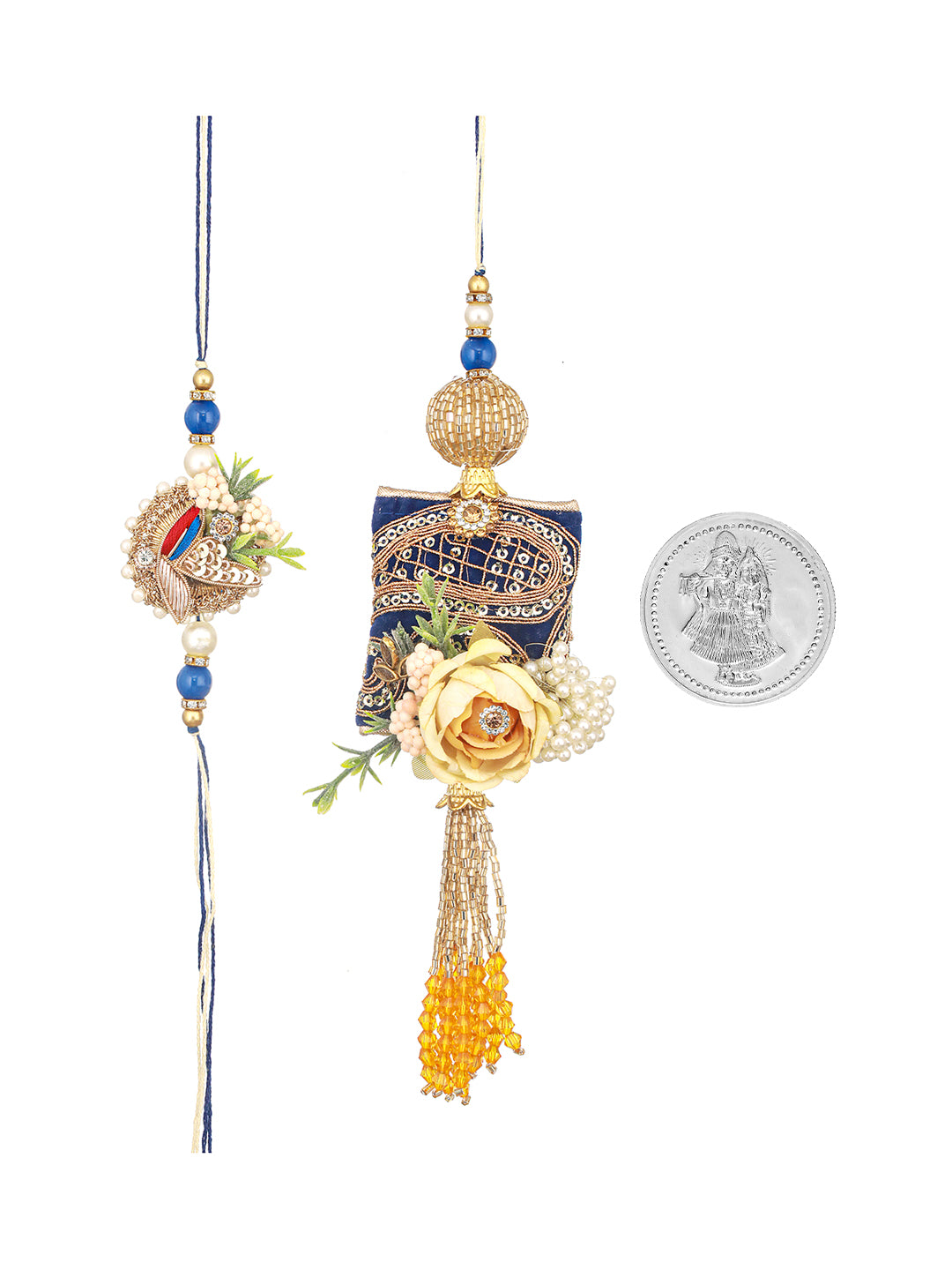 Set of 2 Kundan & Pearl Beaded Designer Rakhi with 10 gram Radhe Krishna round 999 Round Silver Coin